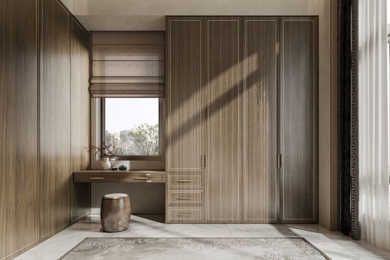 Elegant Light Brown Wood Grain Wardrobe With Yellow Accents And Rich Dark Wood Contrast