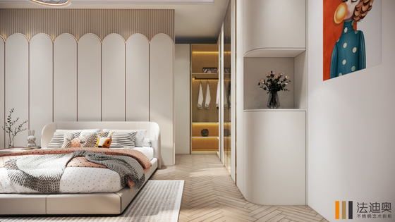 Stylish Creamy White Glass Bedroom Wardrobe With Gleaming Gold Accents