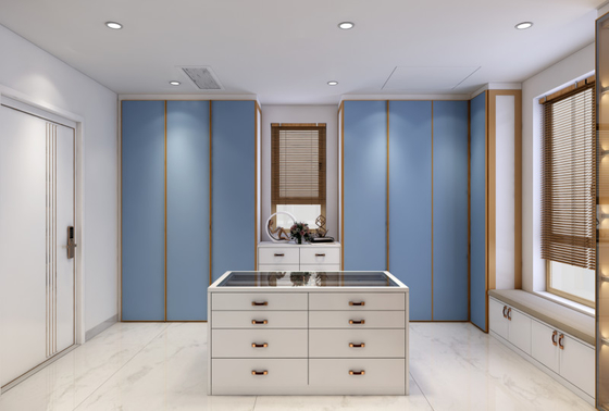 Blue Walk In Closet With Integrated Central Island Seamless Functionality