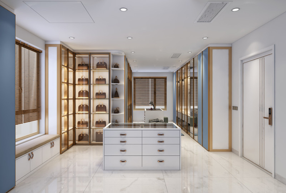 Blue Walk In Closet With Integrated Central Island Seamless Functionality