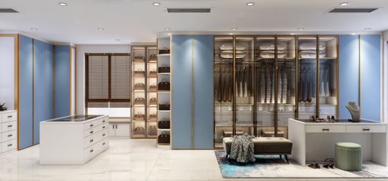 Blue Walk In Closet With Integrated Central Island Seamless Functionality
