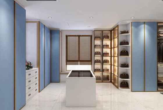 Blue Walk In Closet With Integrated Central Island Seamless Functionality