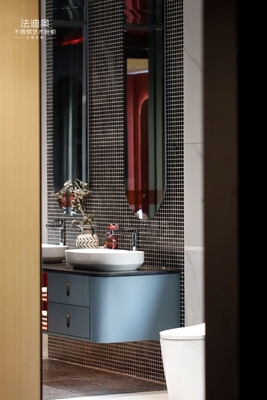 Matte Finish Stainless Steel Bathroom Sink Vanity Cabinet With Blue Gray And Red Accents