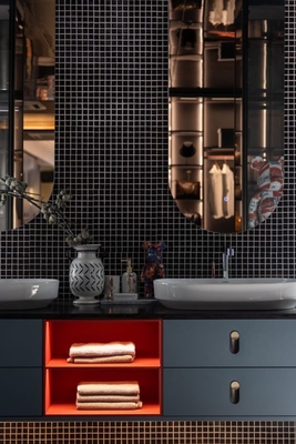 Matte Finish Stainless Steel Bathroom Sink Vanity Cabinet With Blue Gray And Red Accents