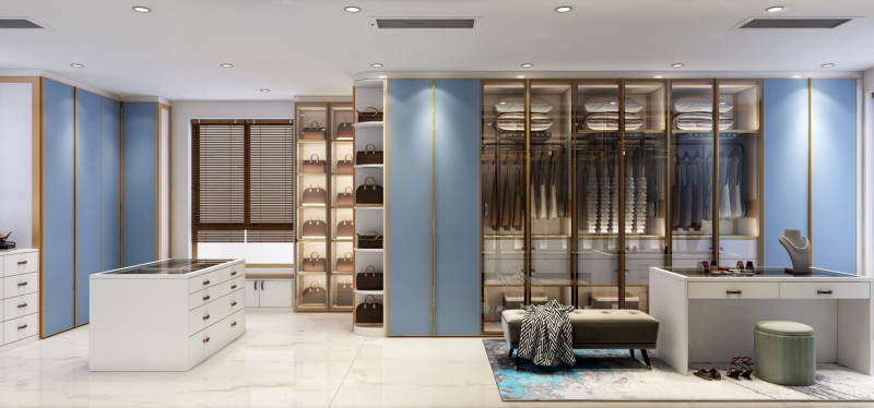 Blue Walk In Closet With Integrated Central Island Seamless Functionality